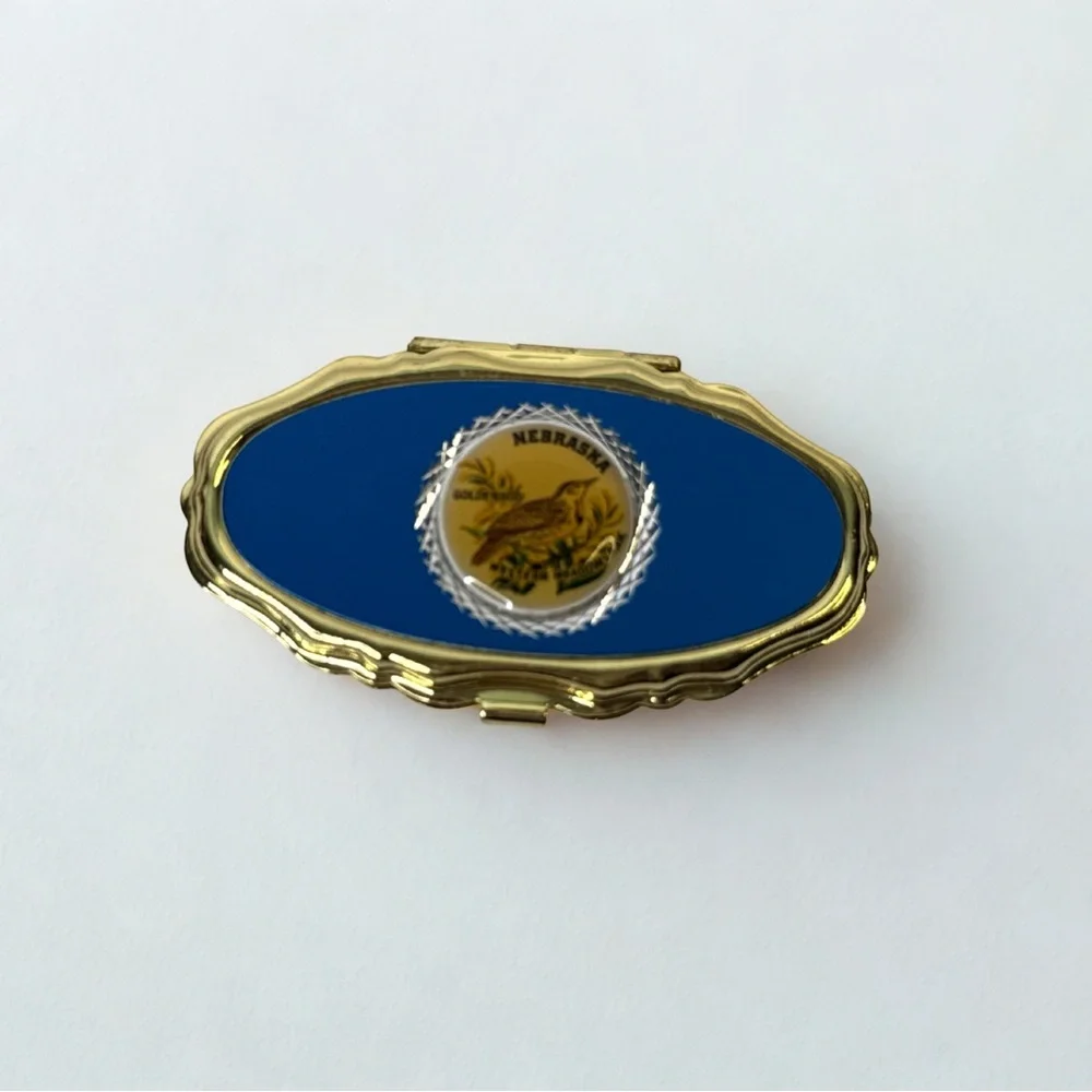 Vintage Nebraska State Pill Box – Gold Trimmed Travel Souvenir Trinket Case